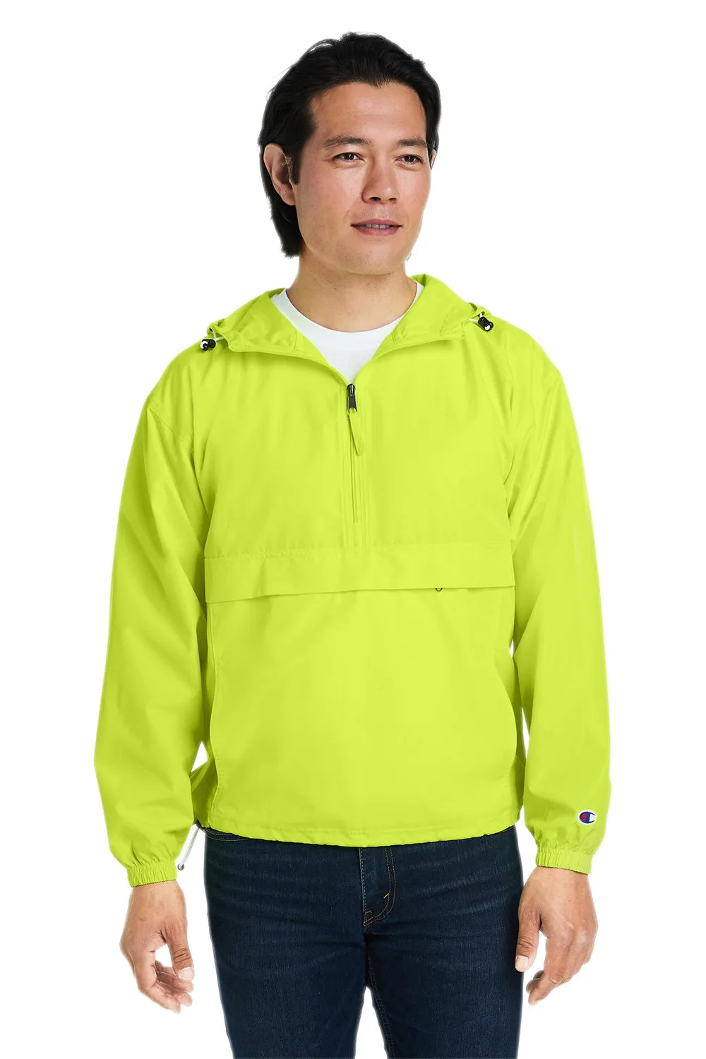 Champion Mens Packable Wind & Water Resistant Anorak 1/4 Zip Hooded Jacket - Safety Green