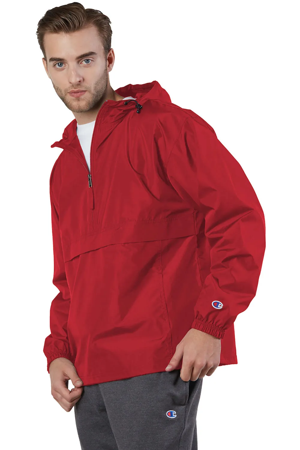 Champion Mens Packable Wind & Water Resistant Anorak 1/4 Zip Hooded Jacket - Scarlet Red