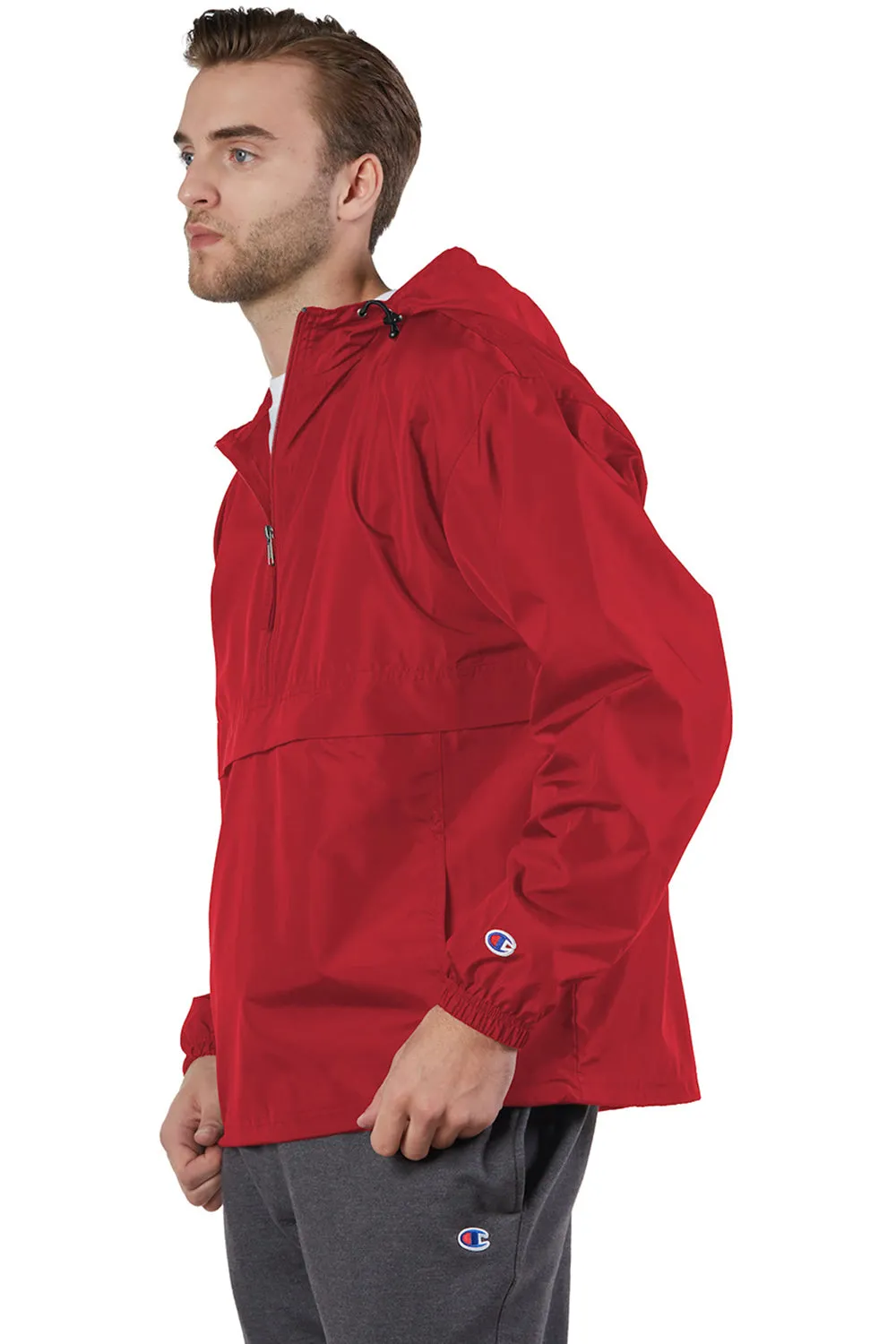 Champion Mens Packable Wind & Water Resistant Anorak 1/4 Zip Hooded Jacket - Scarlet Red