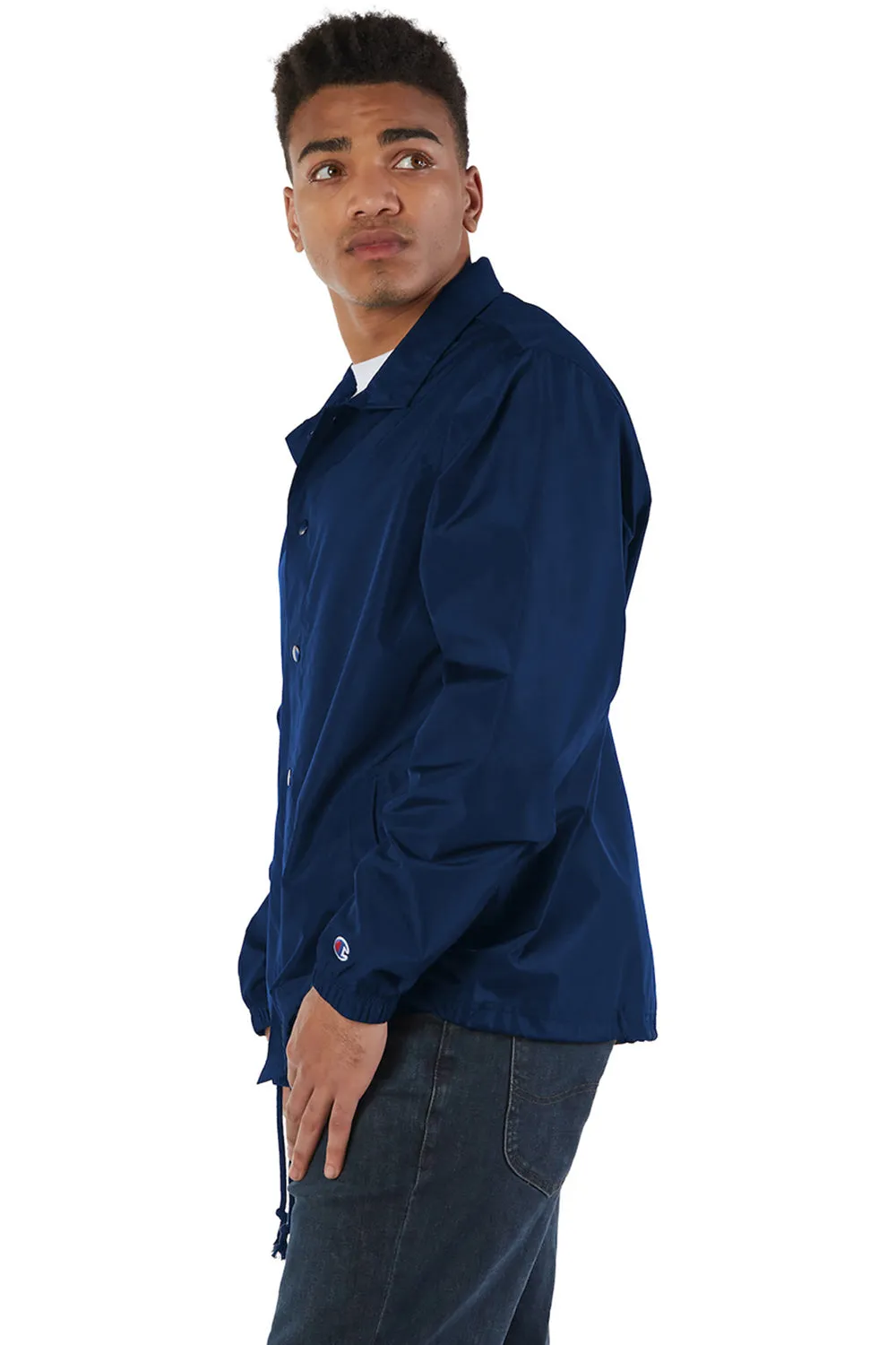 Champion Mens Wind & Water Resistant Snap Down Coach's Jacket - Navy Blue