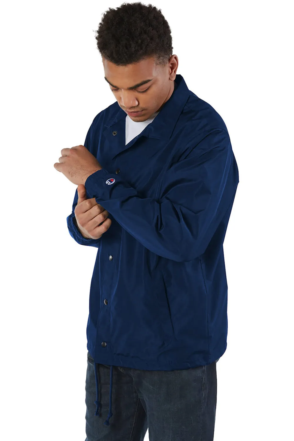 Champion Mens Wind & Water Resistant Snap Down Coach's Jacket - Navy Blue