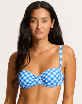 Ciao Bella Check Ruched Underwired Bikini Top - Azure full coverage swim tops, cute bikini tops