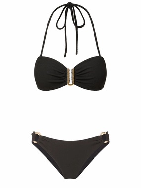 Cindy Top   Ring Trim Bottom in Black Texture bikini bottom with tie sides, swim top for sunbathing