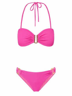 Cindy Top   Ring Trim Bottom in Shocking Pink Texture bikini bottom with tie sides, swim top for sunbathing