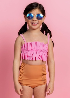 Clay | Mini Down in Front Ruffle Bottoms girls full coverage swimwear, kids swimwear for pool