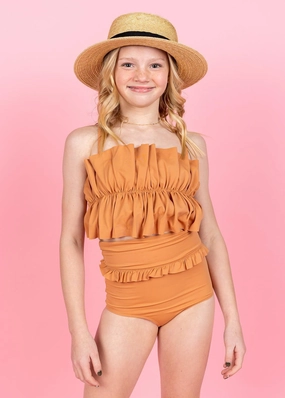 Clay | Youth Mid-Ruffle Bottoms girls full coverage swimwear, kids swimwear for pool