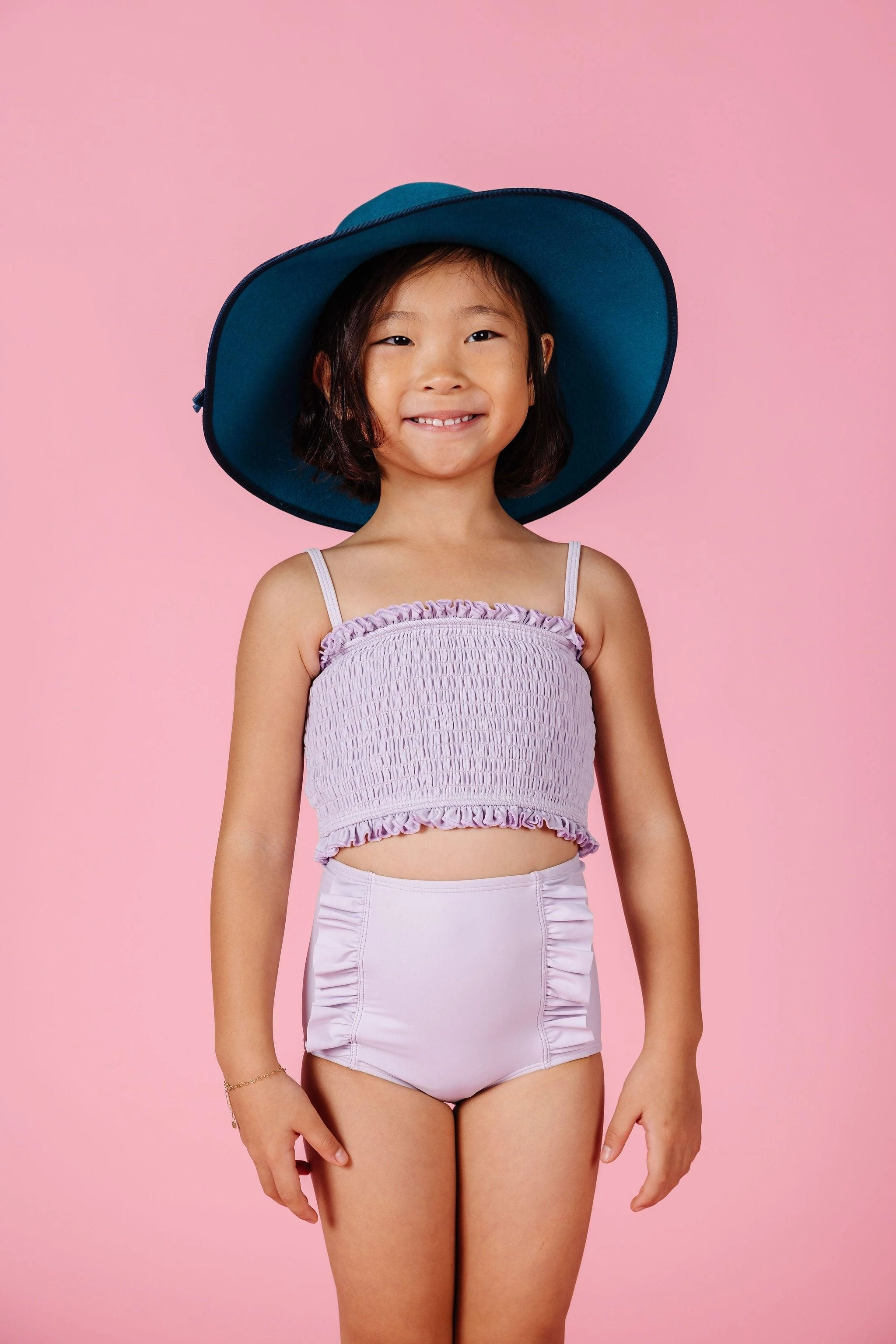 Cotton Purple | Mini Down in Front Ruffle Bottoms girls full coverage swimwear, kids swimwear for pool
