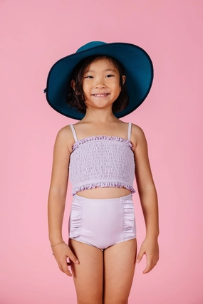 Cotton Purple | Mini Down in Front Ruffle Bottoms girls full coverage swimwear, kids swimwear for pool