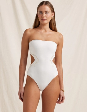 Creme Memoir Embroidered Strapless Swimsuit - White bandeau swimsuits for women, strapless swimwear tops