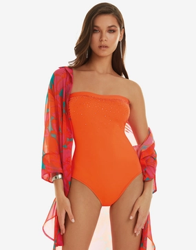 Cristal Bandeau Swimsuit - Orange bandeau swimsuits for women, strapless swimwear tops