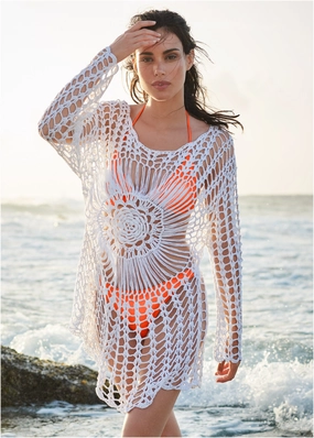 Crochet Detail Cover-Up - White plain swimwear women, minimalist swimsuits