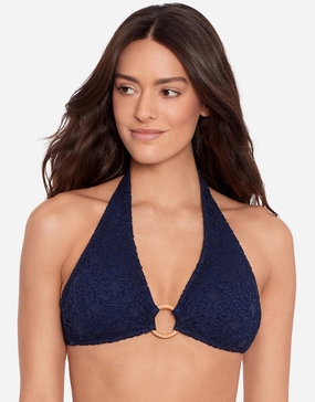 Crochet Rattan Ring Halter Bikini Top - Navy full coverage swim tops, cute bikini tops