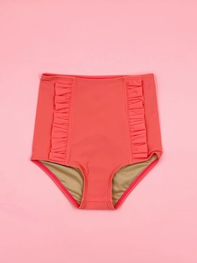 Deep Coral | Mini Down in Front Ruffle Bottoms girls full coverage swimwear, kids swimwear for pool