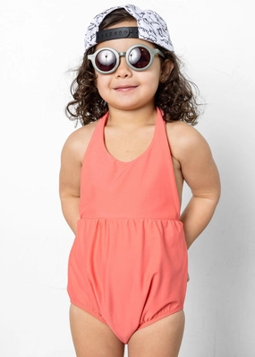 Deep Coral | Mini Romper One-Piece girls full coverage swimwear, kids swimwear for pool