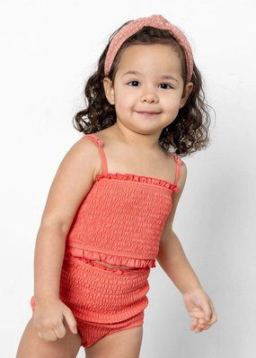 Deep Coral | Mini Smocked Bottoms girls full coverage swimwear, kids swimwear for pool