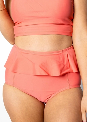 Deep Coral | Peplum Bottoms elastic waistband swim bottoms, mix-and-match bikini bottoms