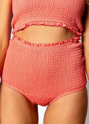Deep Coral | Smocked Bottoms elastic waistband swim bottoms, mix-and-match bikini bottoms