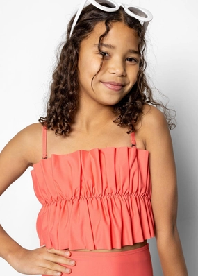 Deep Coral | Youth Oversized Ruffle Top girls full coverage swimwear, kids swimwear for pool