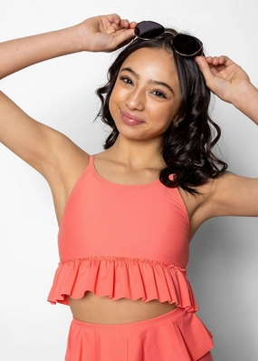 Deep Coral | Youth Peplum Top girls full coverage swimwear, kids swimwear for pool