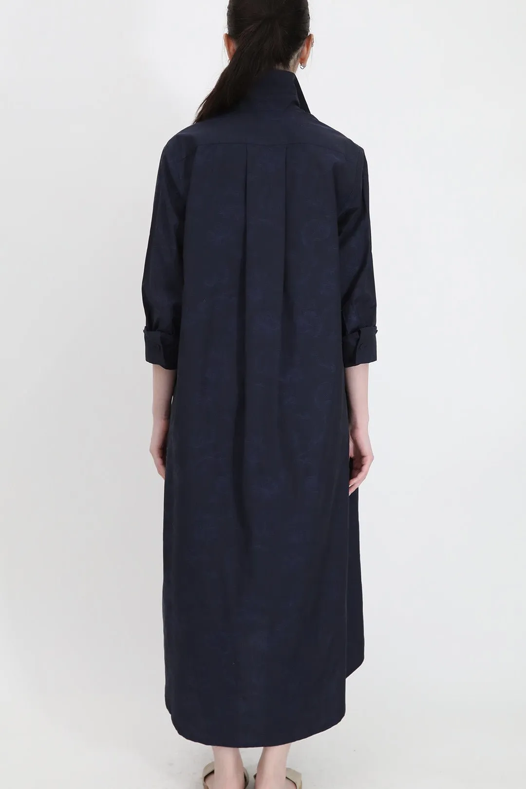 DELPHINE DRESS IN ITALIAN COTTON JACQUARD INDIGO ROSES