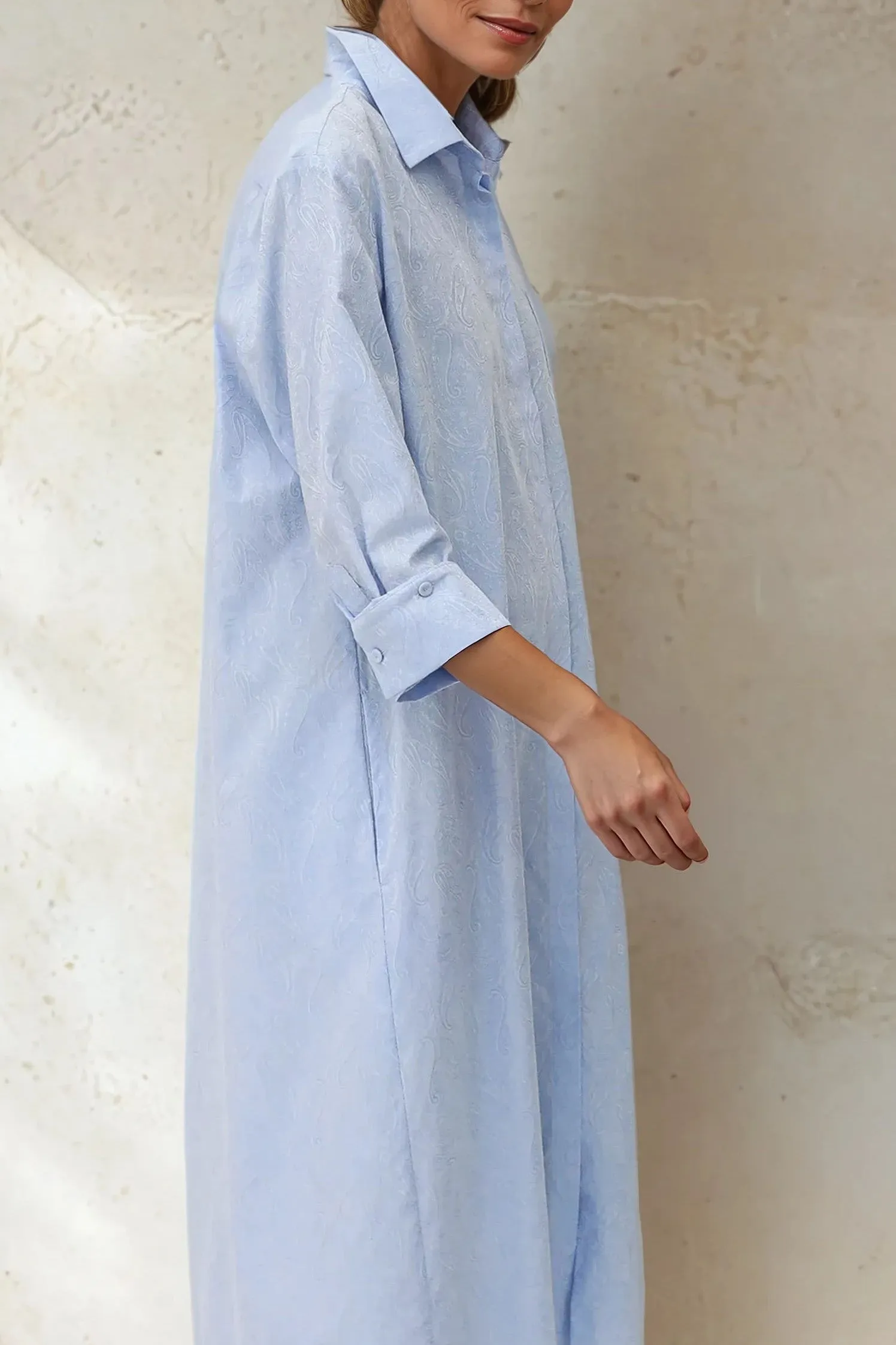 DELPHINE DRESS IN ITALIAN COTTON JACQUARD LIGHT BLUE PAISLEY