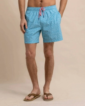 Ditzy Floral Swim Trunk In Ocean Aqua mens beach swimwear, quick dry mens swimsuits