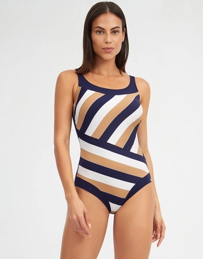Doris High Front Swimsuit - Stripe tummy control swimwear women, slimming swimsuits