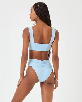 Eco Chic Repreve Bardot Bikini Bottom - Sky Blue ruched bikini bottoms, hipster swimwear bottoms