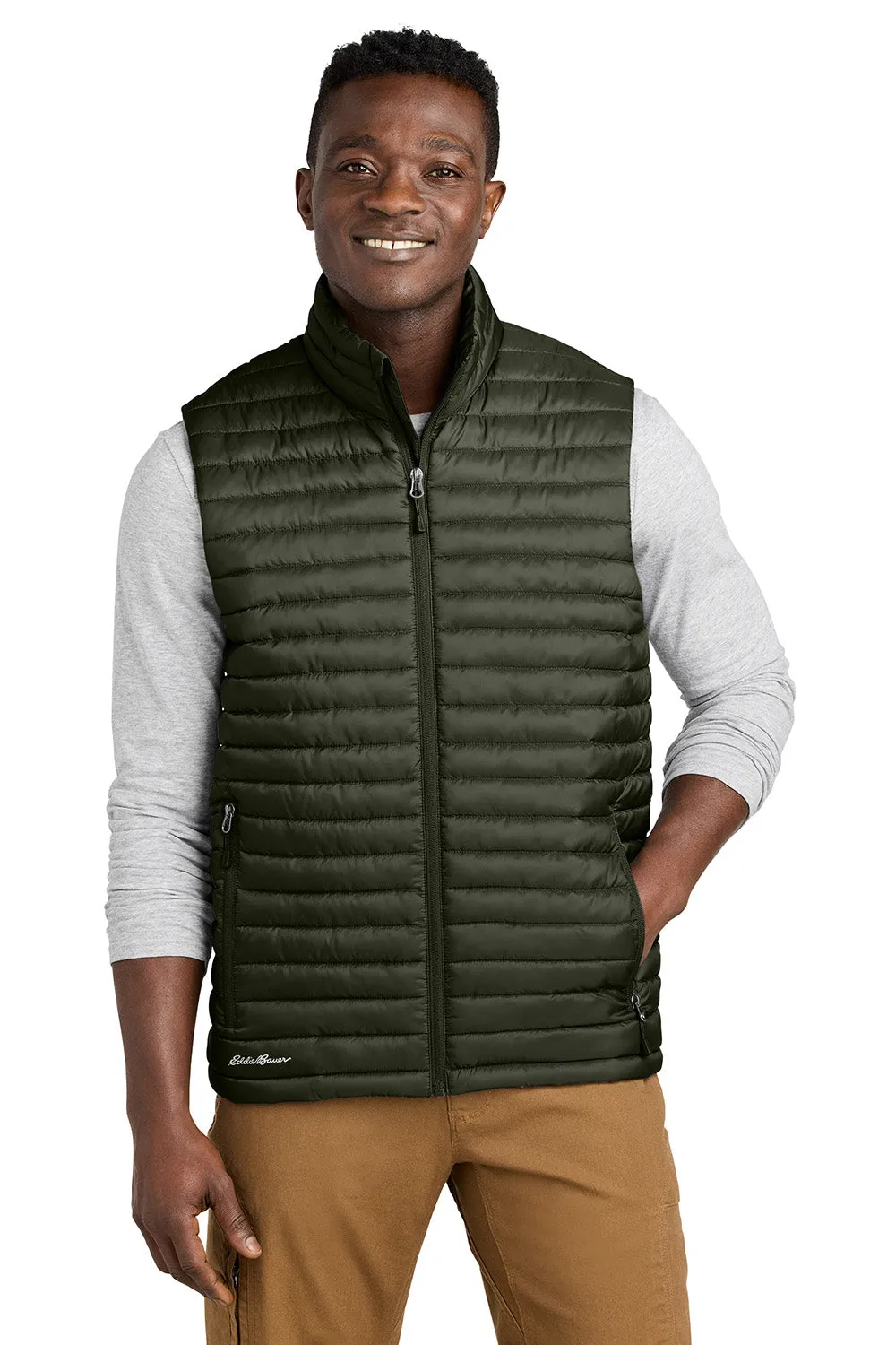 Eddie Bauer Mens Packable Quilted Water Resistant Full Zip Vest - Olive Green