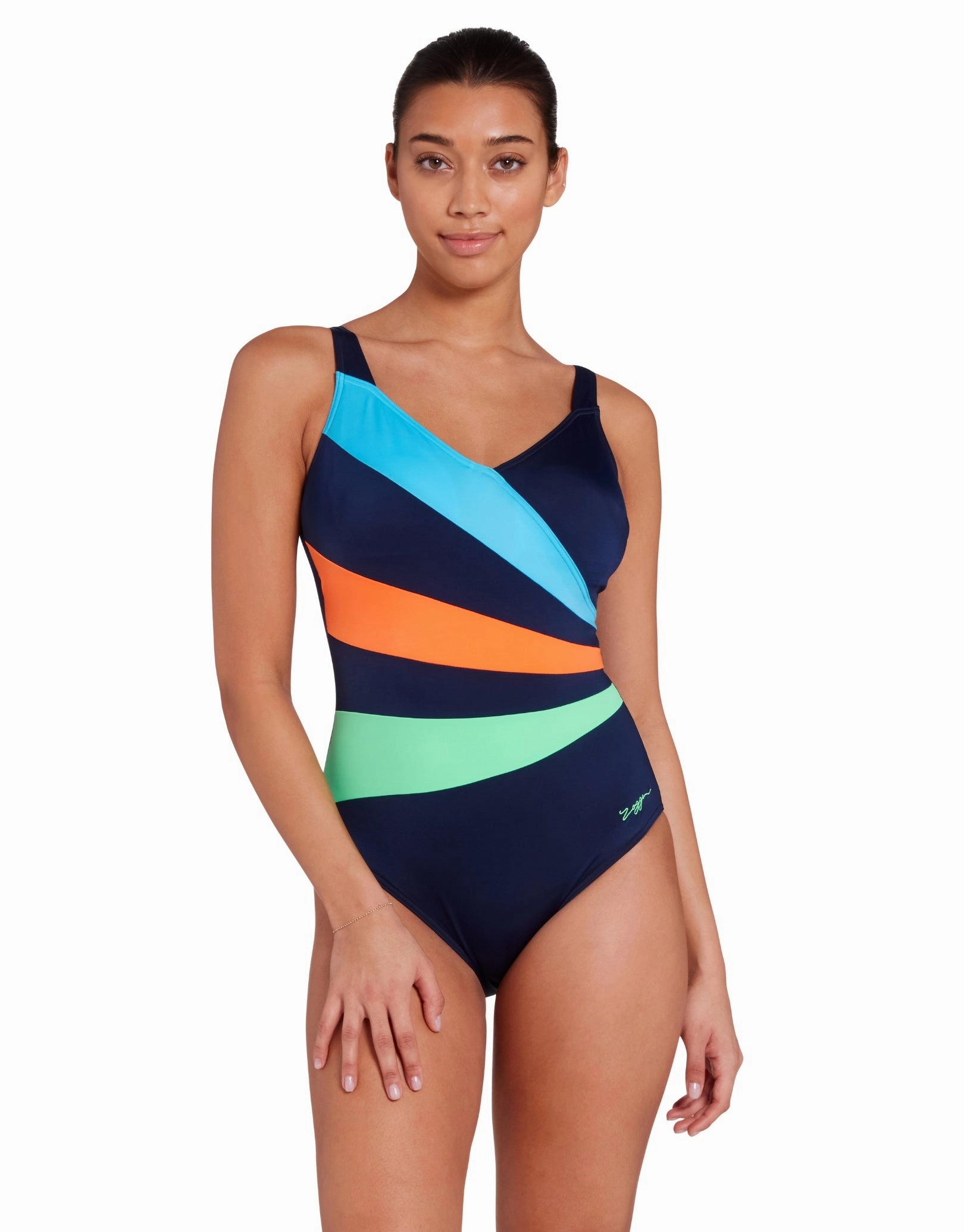 Elegance Wrap Panel Classicback Swimsuit - Blue/Orange/Green zoggs swimwear for women, zoggs goggles and swimsuits