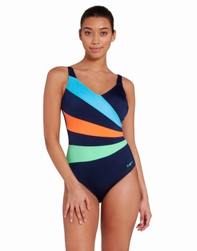 Elegance Wrap Panel Classicback Swimsuit - Blue/Orange/Green zoggs swimwear for women, zoggs goggles and swimsuits