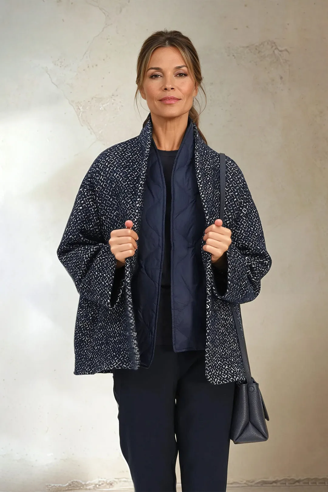 ELENA WOOL JAQUARD & GOOSE DOWN TWO PIECE COAT SET IN NAVY