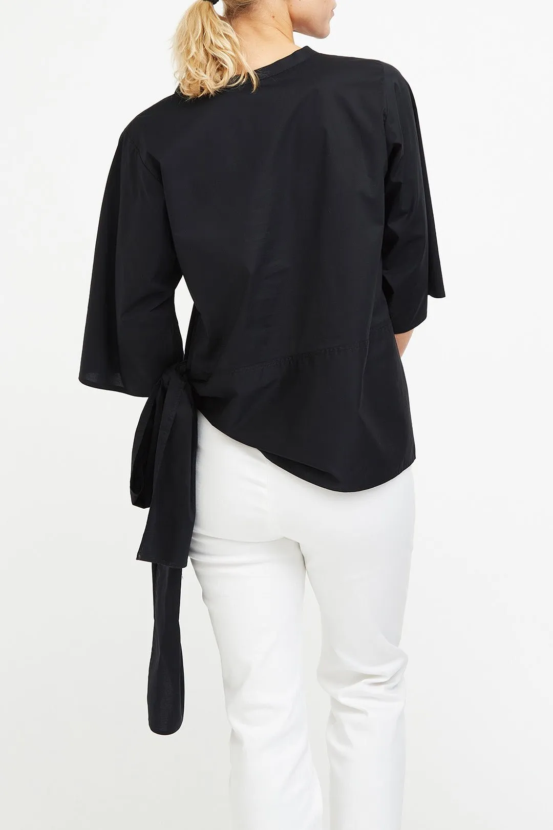 ELNORA CREW SIDE TIE 3/4 SLEEVE SHIRT IN ITALIAN COTTON POPLIN