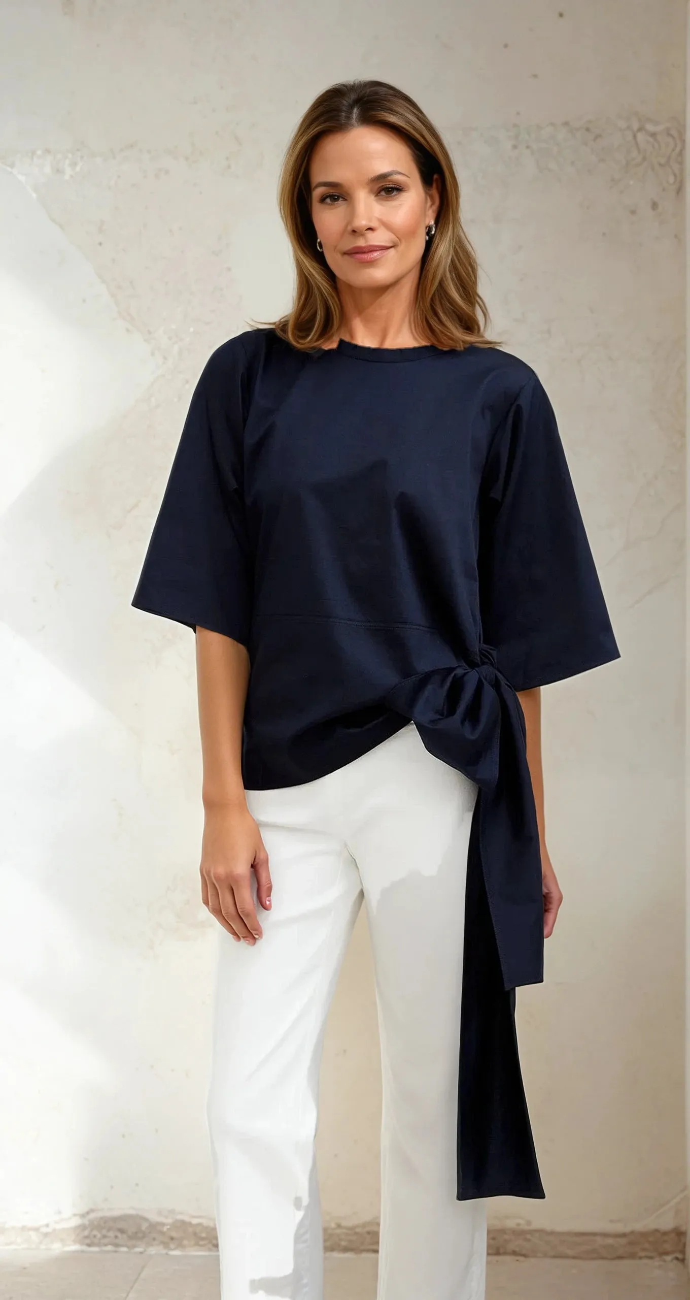 ELNORA CREW SIDE TIE 3/4 SLEEVE SHIRT IN ITALIAN COTTON POPLIN