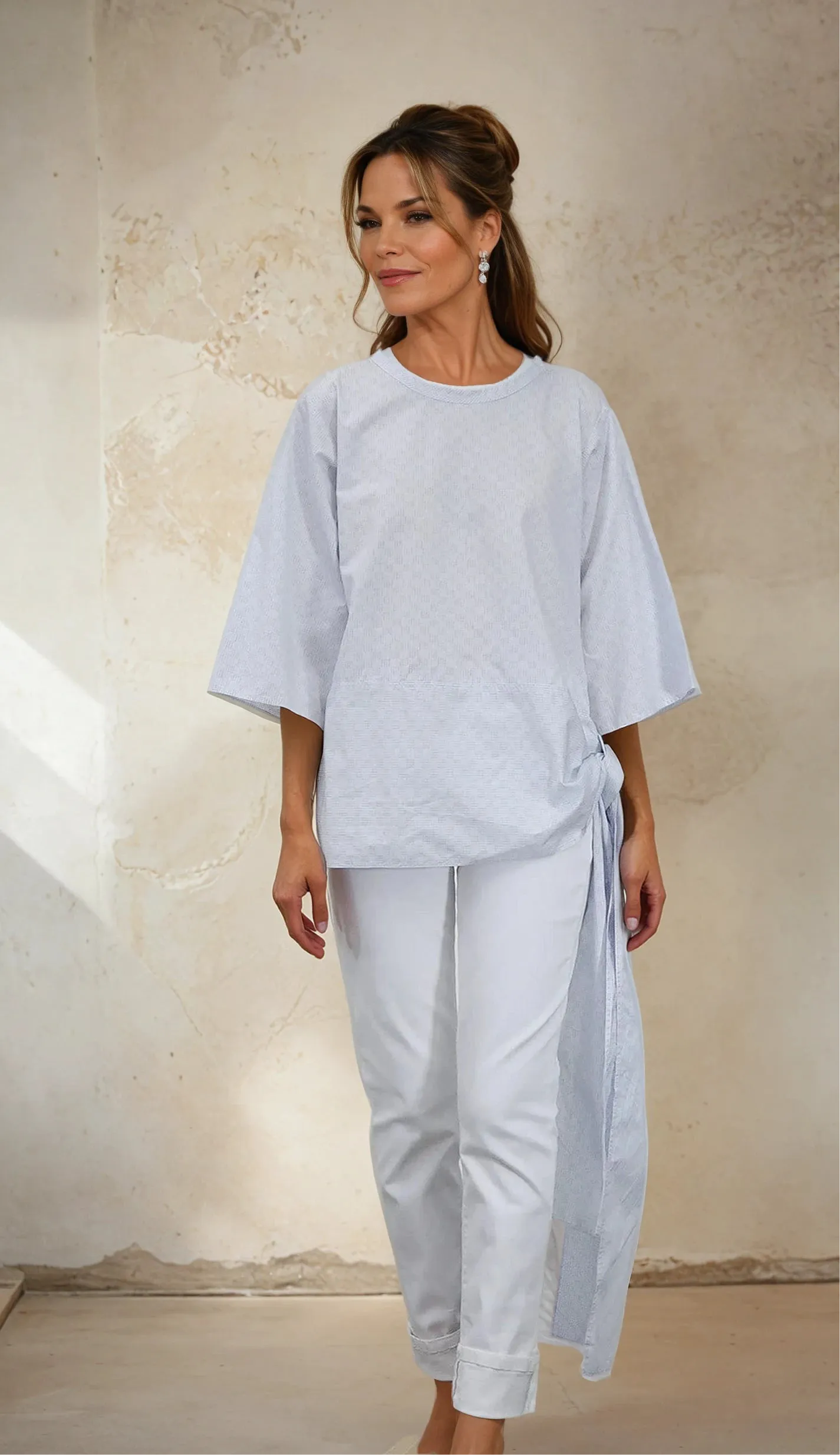 ELNORA CREW SIDE TIE 3/4 SLEEVE SHIRT IN ITALIAN COTTON POPLIN