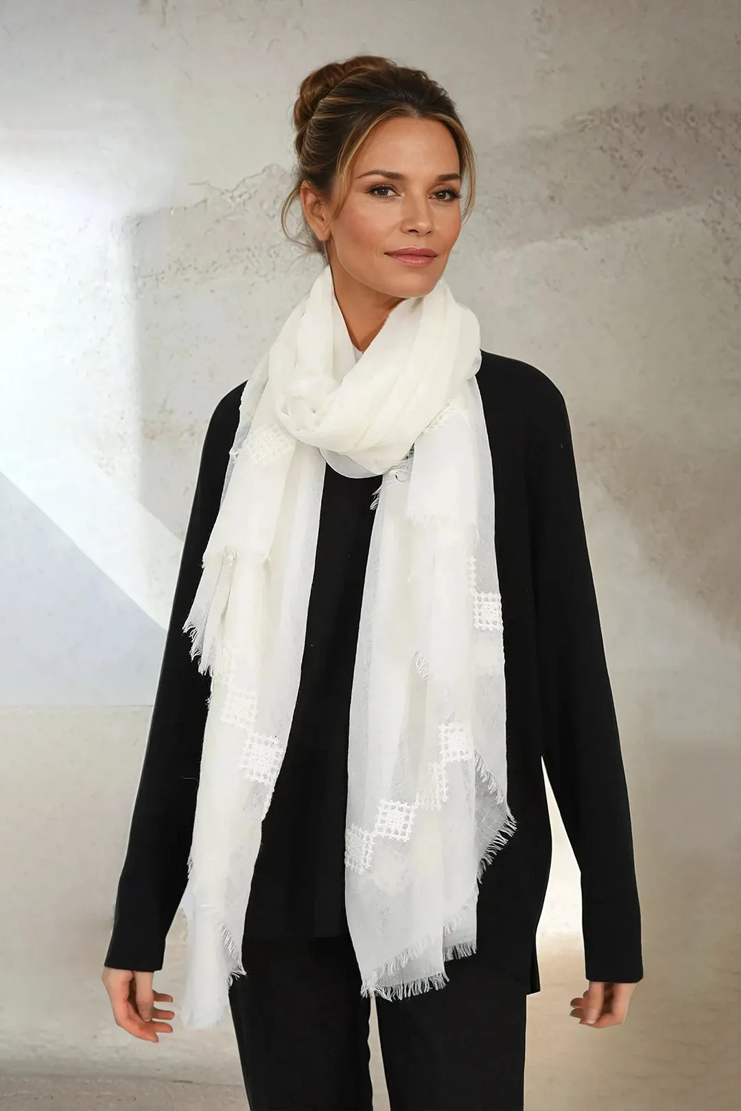 EMBROIDERED IVORY ITALIAN CASHMERE SCARF