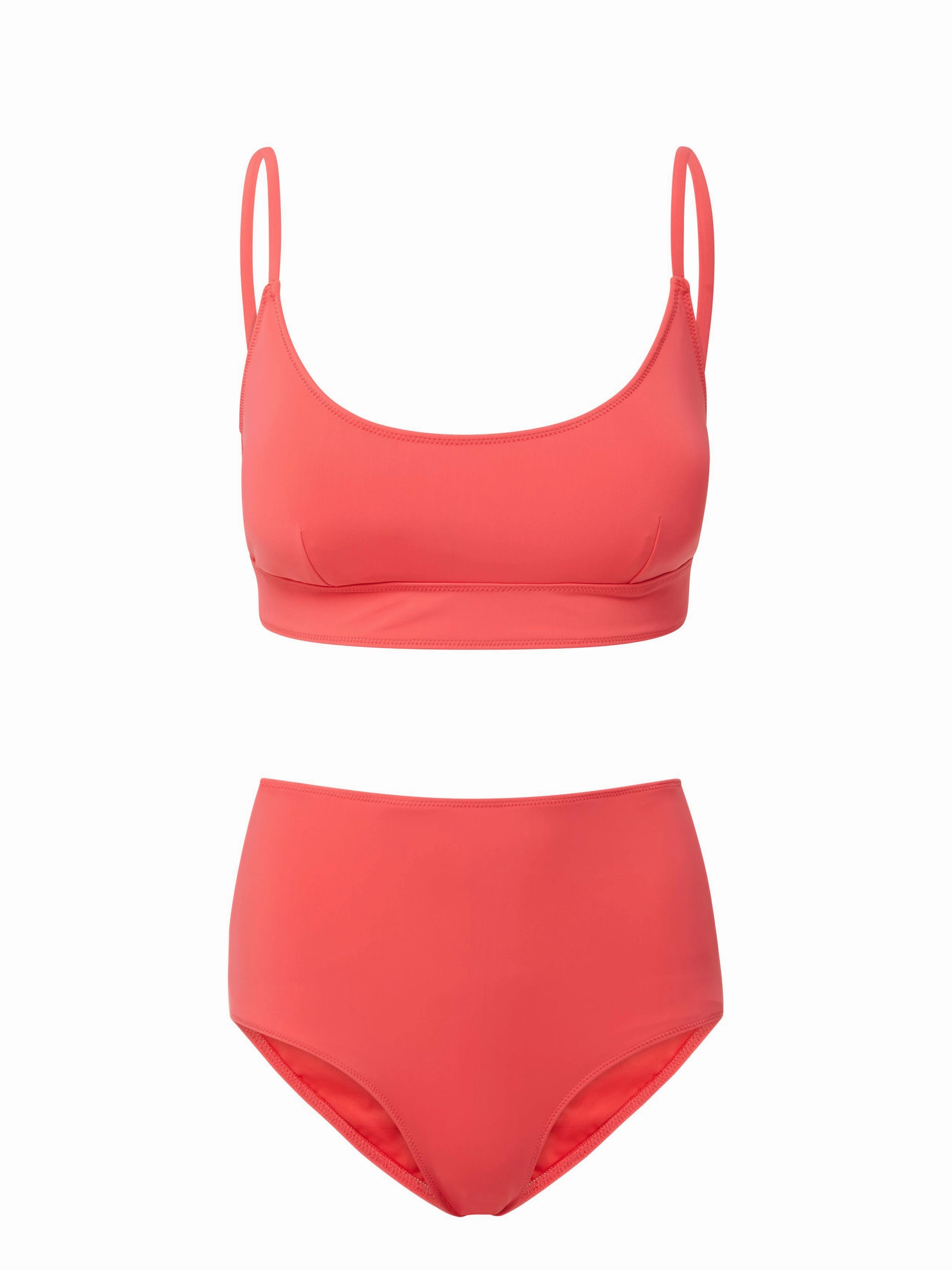 Erika Top   Classic High Waist Bottom in Coral Red bikini bottom with tie sides, swim top for sunbathing