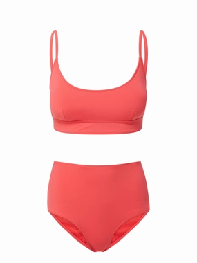 Erika Top   Classic High Waist Bottom in Coral Red bikini bottom with tie sides, swim top for sunbathing