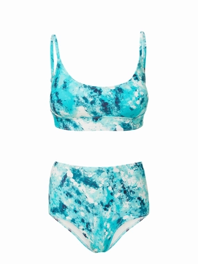 Erika Top   Classic High Waist Bottom in Ocean View bikini bottom with tie sides, swim top for sunbathing