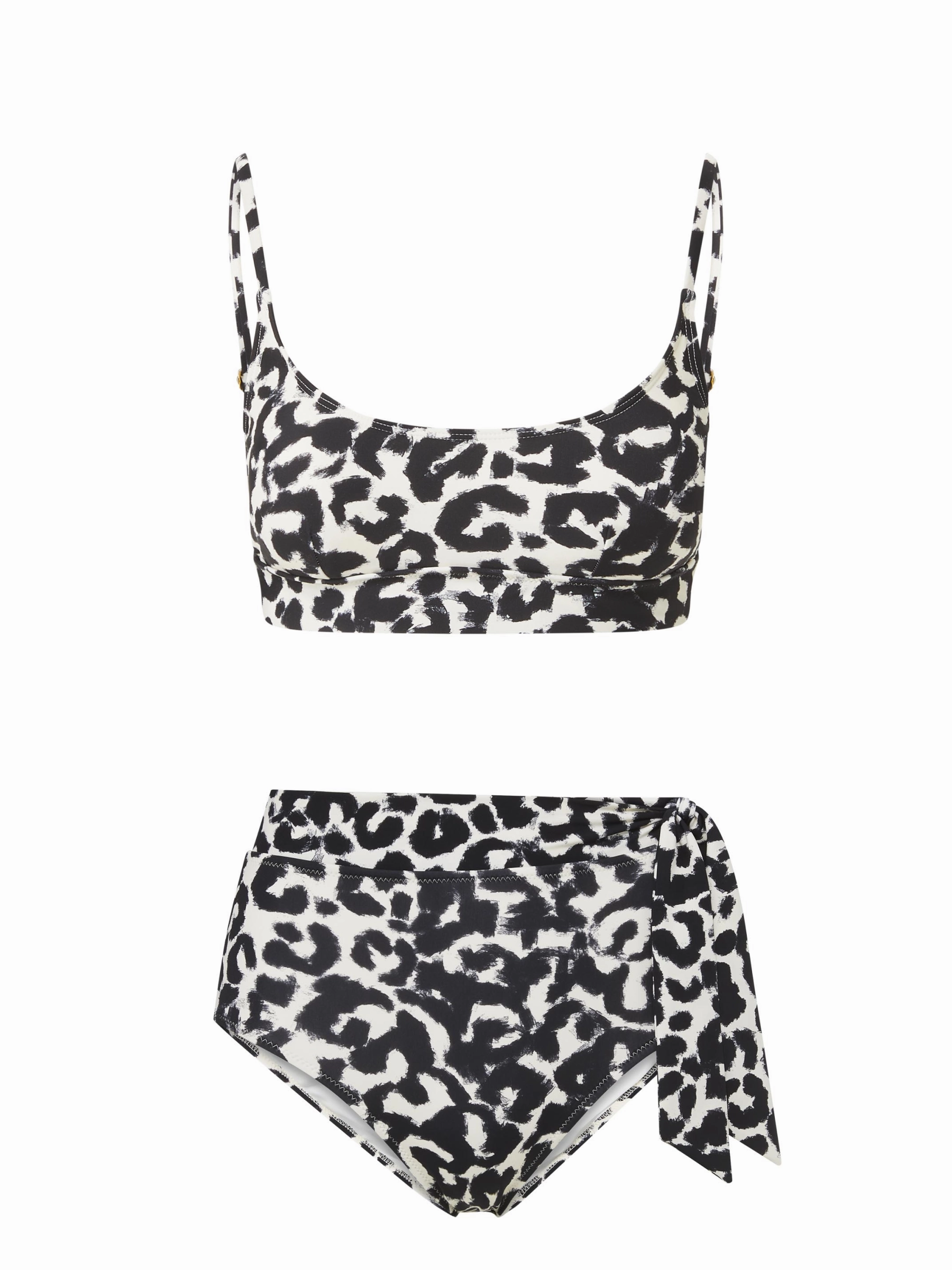 Erika Top   Side Tie High Waist Bottom in Mia Leopard bikini bottom with tie sides, swim top for sunbathing