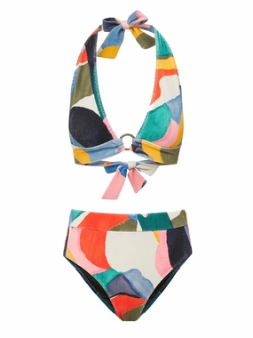 Erin Top   Hi Waist Hi Leg Bottom in Carta Colorblock bikini bottom with tie sides, swim top for sunbathing