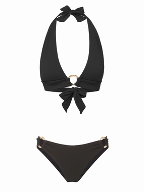 Erin Top   Ring Trim Bottom in Black Texture bikini bottom with tie sides, swim top for sunbathing