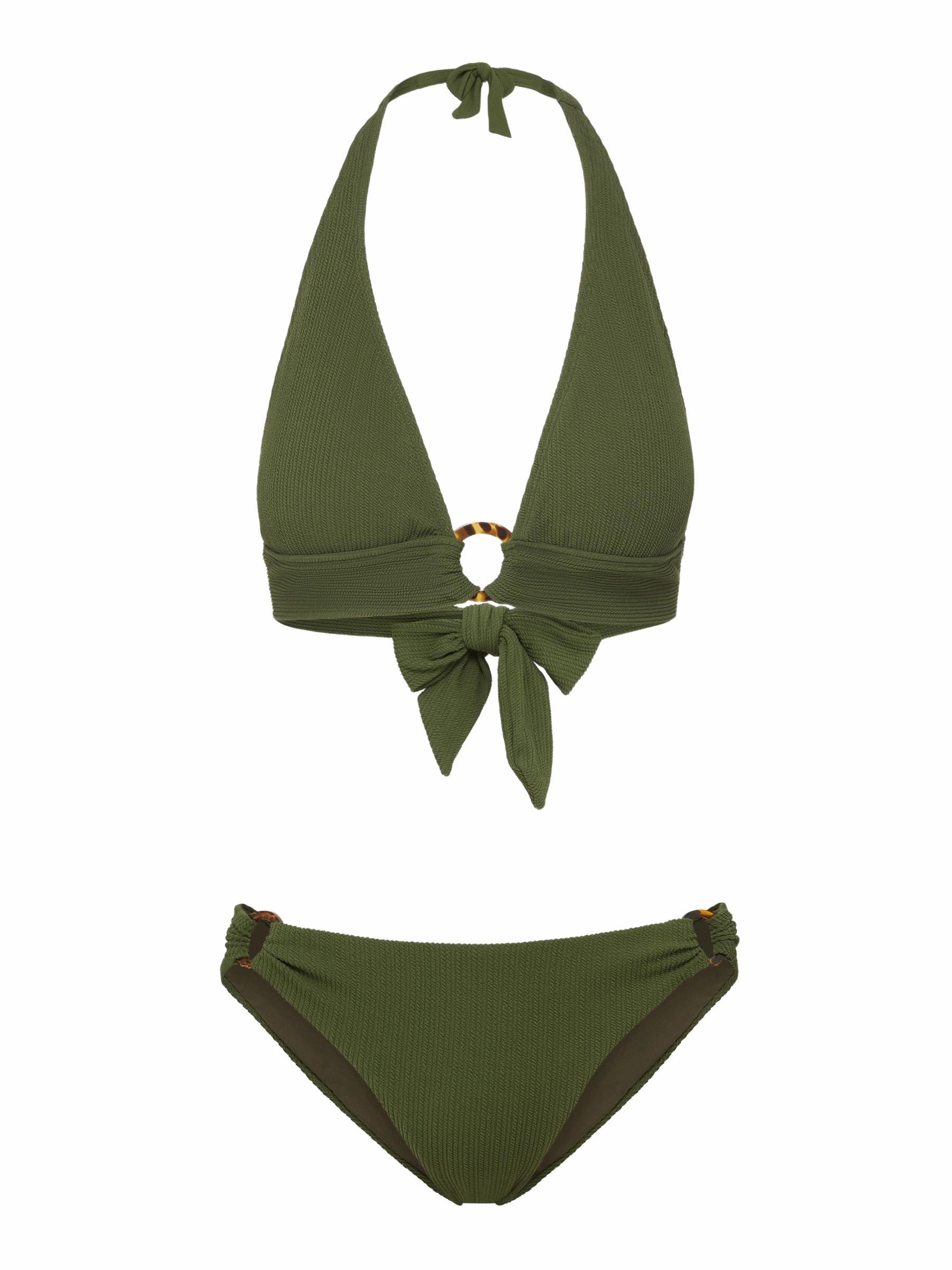 Erin Top   Ring Trim Bottom in Olive Texture bikini bottom with tie sides, swim top for sunbathing