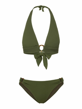 Erin Top   Ring Trim Bottom in Olive Texture bikini bottom with tie sides, swim top for sunbathing