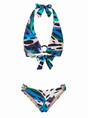 Erin Top   Ring Trim Bottom in Palm Island bikini bottom with tie sides, swim top for sunbathing