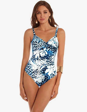 Ethnic Palm Underwired Crossover Swimsuit - Blue underwired swimsuits for women, supportive swimwear tops