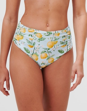 Fior di Limone Ruched High Waist Bikini Pant - Sorrento Sky adjustable swim bottoms women, flattering bikini bottoms