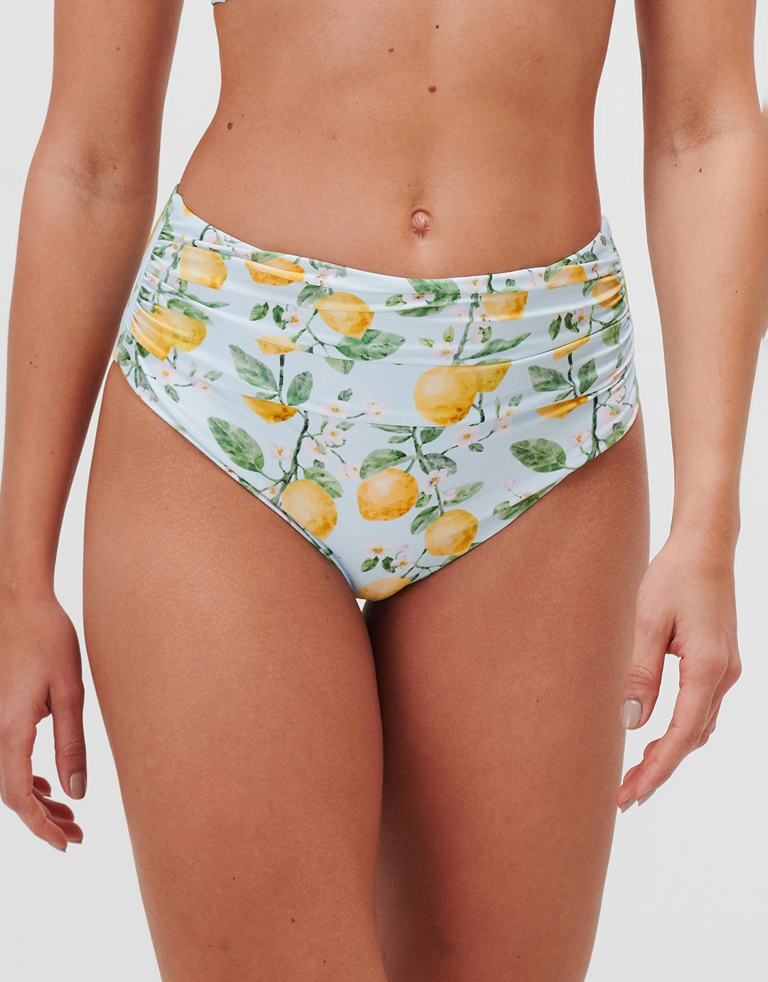 Fior di Limone Ruched High Waist Bikini Pant - Sorrento Sky adjustable swim bottoms women, flattering bikini bottoms