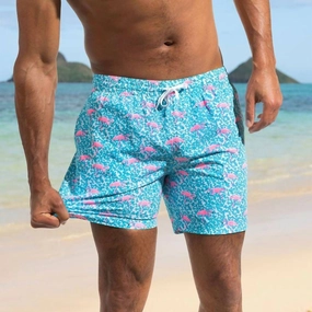 Flamingos Classic Swim Trunks In Blue mens full coverage swimwear, stylish mens swim trunks