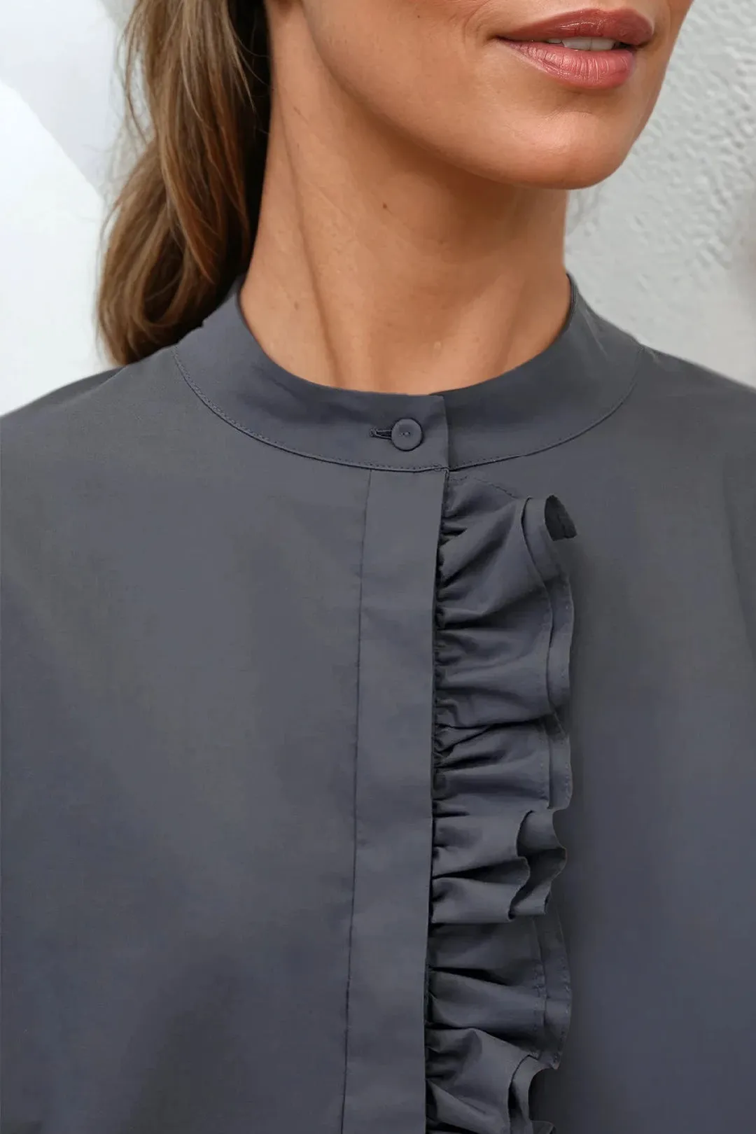 FLEUR RUFFLE SHIRT IN COTTON SLATE GREY